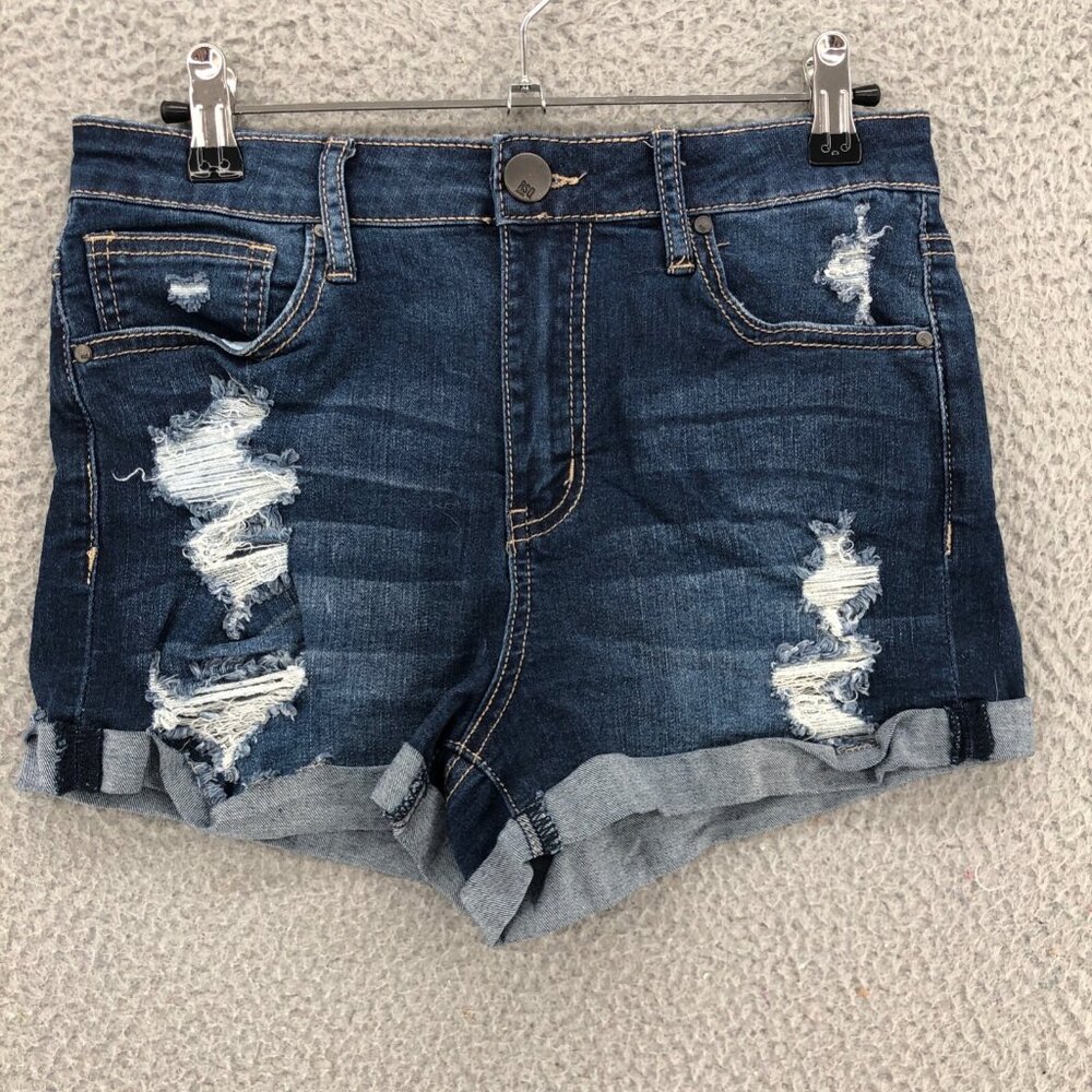 RSQ Shorts Womens 7 Blue Dark Wash Denim Sunset High Rise Fit Distressed Jeans